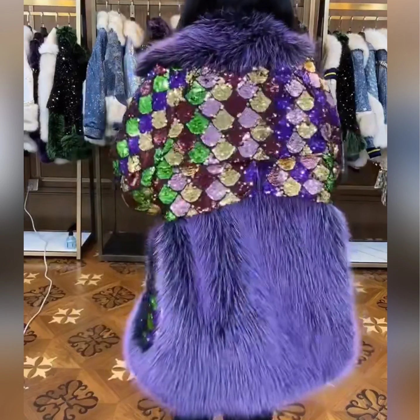 Fur Coat 2023 Winter Fashion Luxury Long Sleeve Toka Colorful Sequin Warm Fur Coat Jacket Oversized Thickened Coat Women