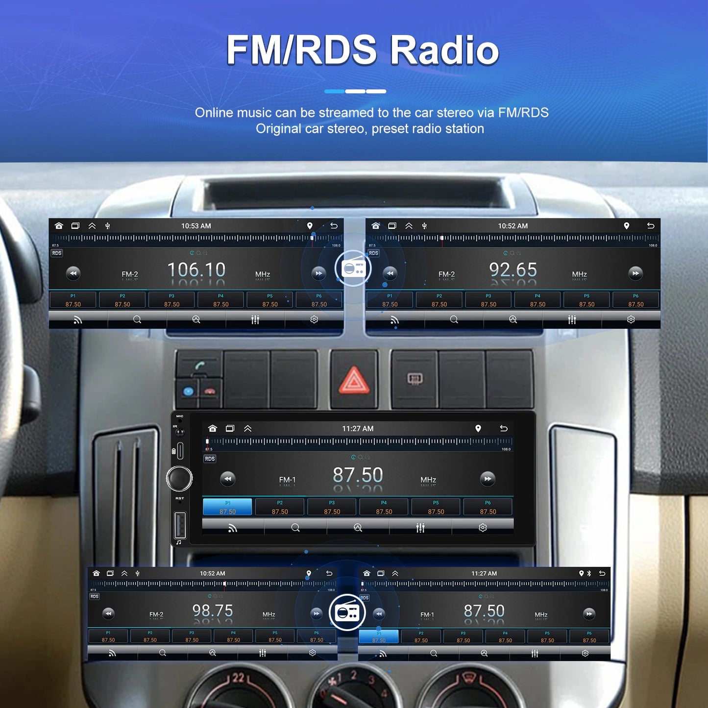 Hikity 2+64G Carplay Android 1din Car Radio Android Auto Stereo 6.86" GPS Navigation Player support FM WiFi USB Rear Camera