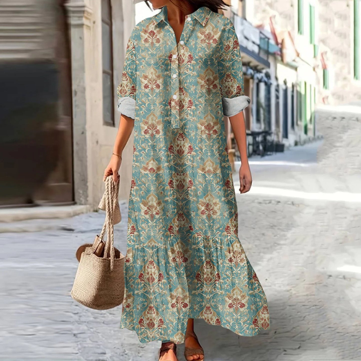 Ladies' Fashionable Temperament Autumn And Winter Button Lapel Long Sleeved Retro Printed Spring And Autumn Dress