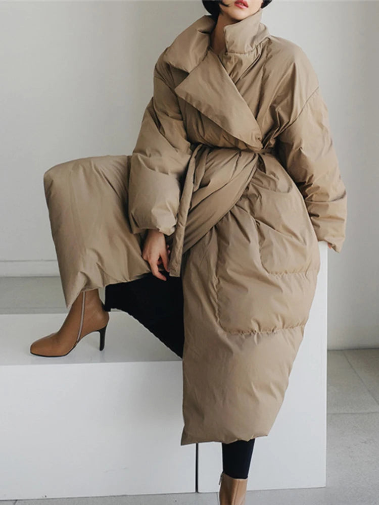 Winter New Stand Collar Long Down Jackets Loose Belt Long Sleeve Warm Coat Fashion Solid Cotton Padded Warm Down Overcoat Women