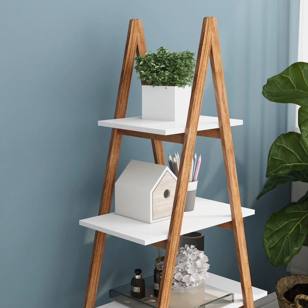 Solid Bamboo Wood Oxford “A”frame Ladder Display Bookshelf Warehouse Supermarket Kitchen Shelves Living Walnut 4 Tier Bookshelf