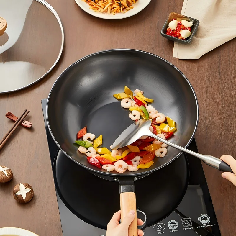 Cooker King Traditional Coating-Free Carbon Steel Wok, 30/32/34 cm Stir-Fry Pan for Gas & Induction Cooktops