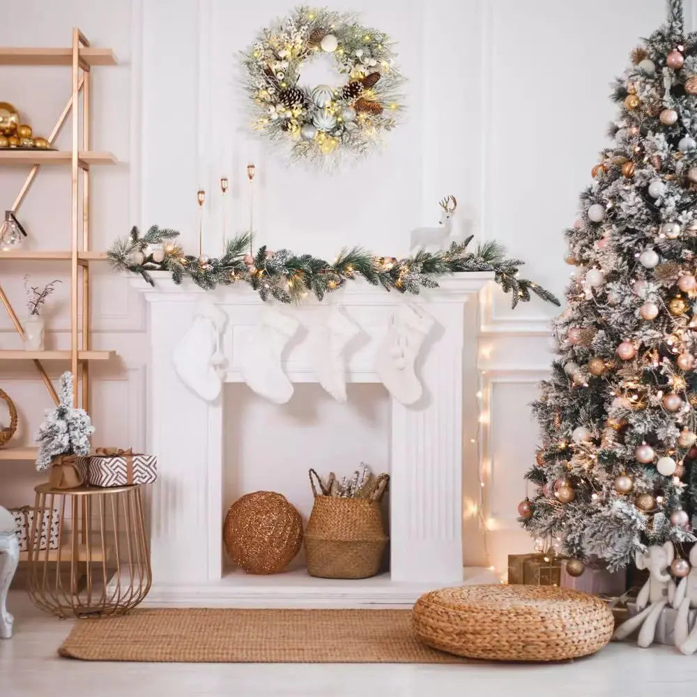 24 Flocked White Christmas Wreath with Pinecones, Berries, and Balls for Indoor/Outdoor Holiday Decor