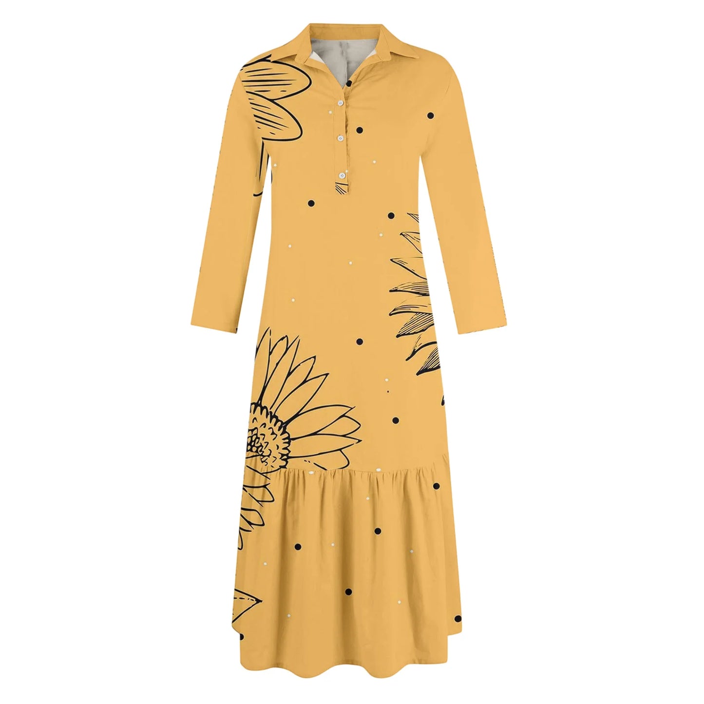 Ladies' Fashionable Temperament Autumn And Winter Button Lapel Long Sleeved Retro Printed Spring And Autumn Dress