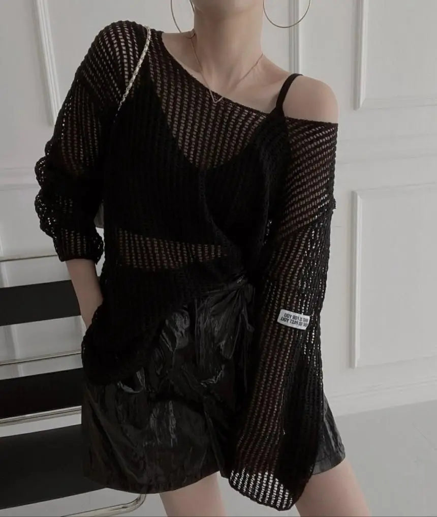 Hollow Out Pullovers Women Baggy O-neck Clothing Spring Casual Simple Elegant Vintage See-through Streetwear Lady Ulzzang Tender