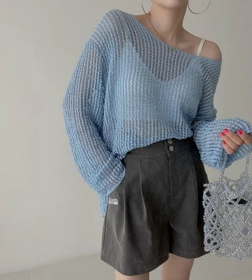 Hollow Out Pullovers Women Baggy O-neck Clothing Spring Casual Simple Elegant Vintage See-through Streetwear Lady Ulzzang Tender