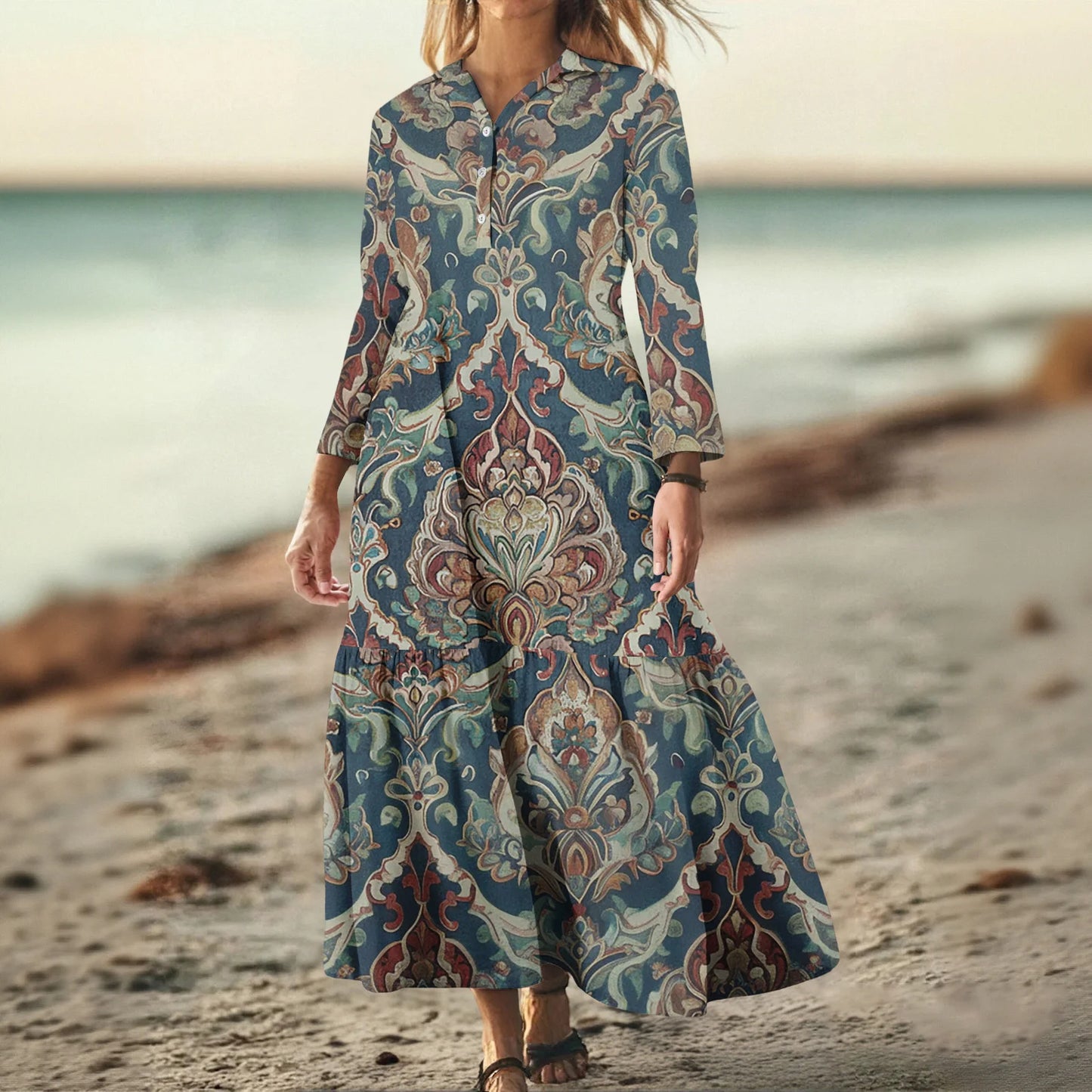 Ladies' Fashionable Temperament Autumn And Winter Button Lapel Long Sleeved Retro Printed Spring And Autumn Dress