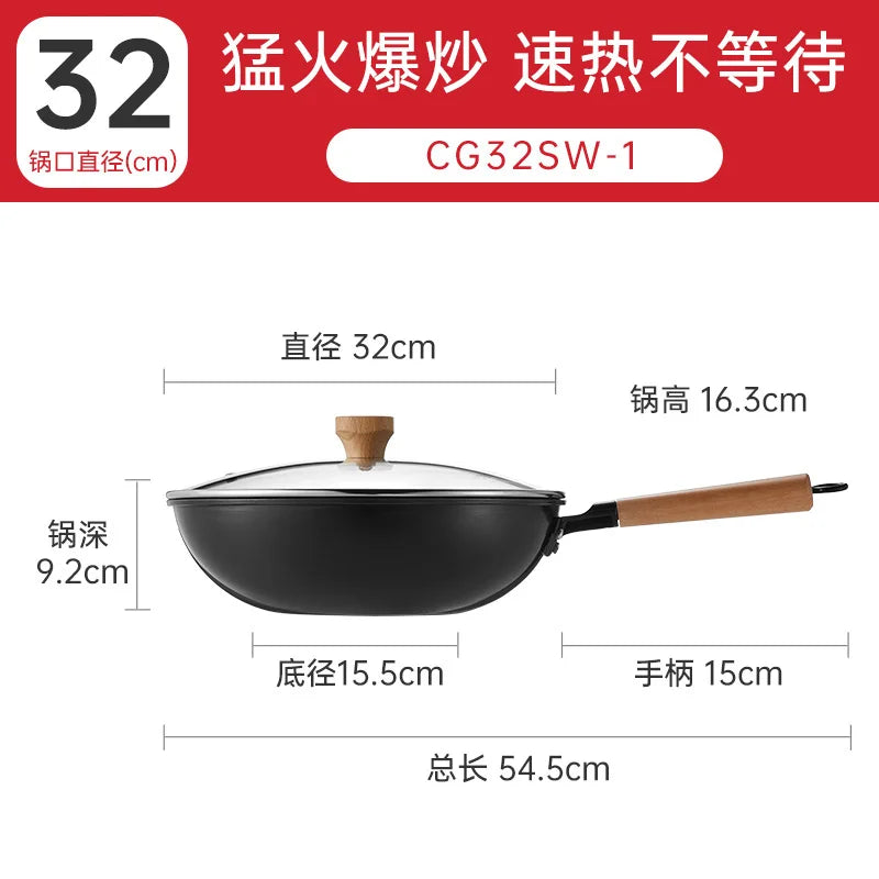 Cooker King Traditional Coating-Free Carbon Steel Wok, 30/32/34 cm Stir-Fry Pan for Gas & Induction Cooktops