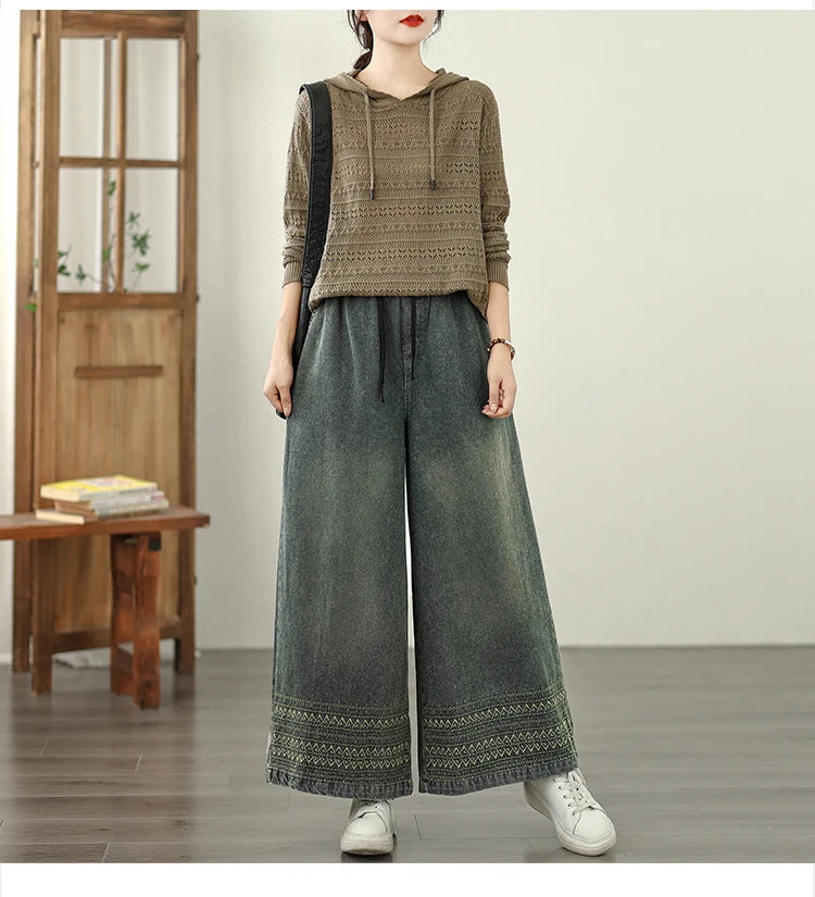 Jeans Women 2025 Autumn New Jeans Retro Heavy Industry Embroidery Ethnic Style Elastic Waist Casual Oversized Wide Leg Pants