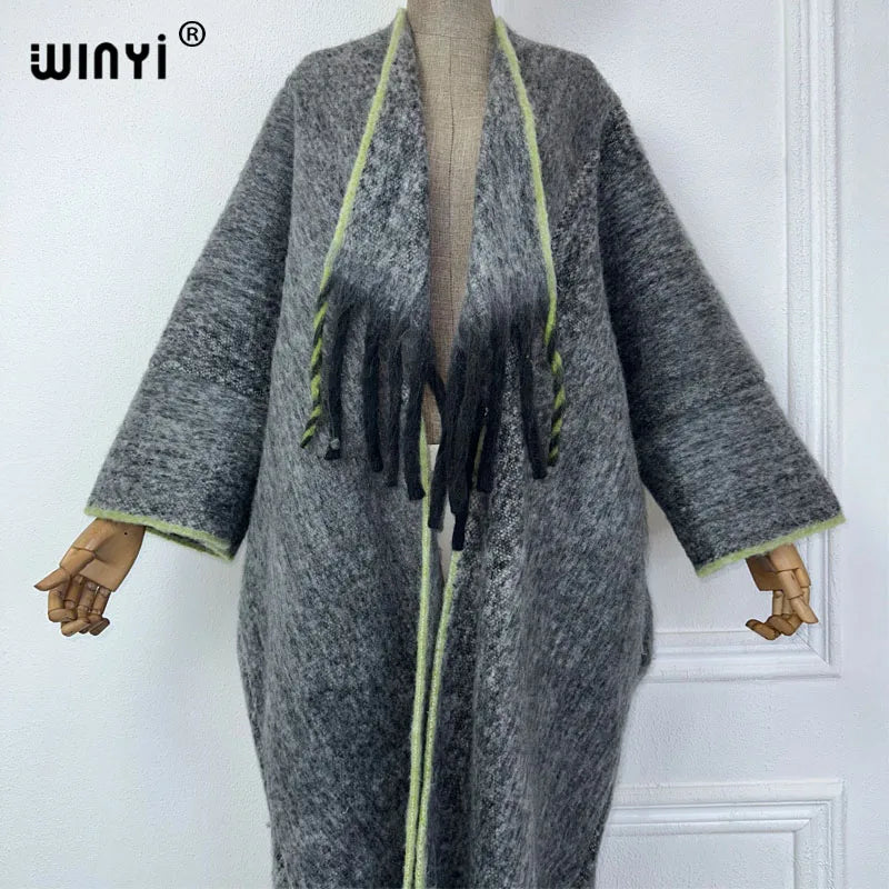 WINYI new Winter Women Solid color Luxury Fur Neutral coat Loose cardigan elegant Warm Female coat over poncho tassels jacket