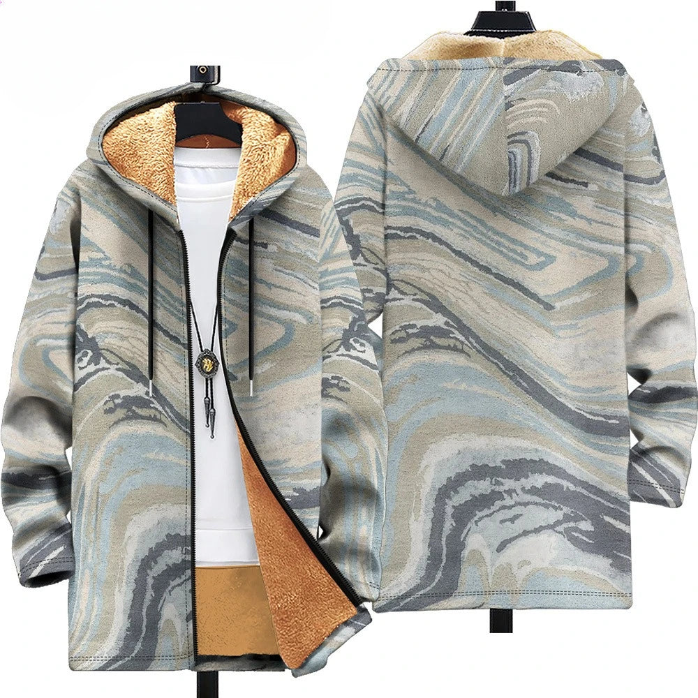 Men Cardigans Coats Black White Texture Printed Plush Thick Winter Abstract Art Graphics Jackets Casual Streetwear Clothing
