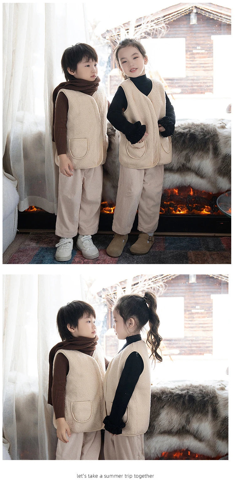 Winter Children's Outfits Kids Warm Thick Vest Coat and Knit Long Sleeve Sweater and Pants Clothes Sets Baby Girls Boys Clothing