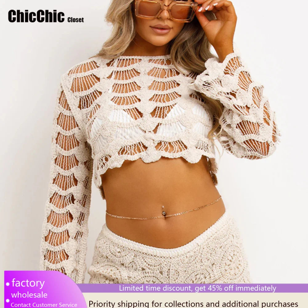 Pullovers Autumn Solid Hollow Out Knitted Tops Casual Long Sleeve O-neck Commute Blouse Fashion Lady See-through Vacation Shirts