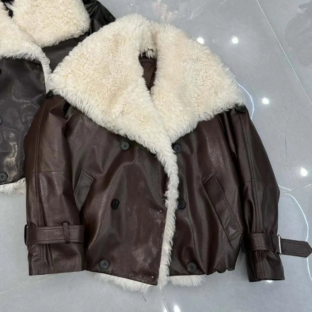 Winter in Coats & Jackets for Women 2025 Genuine Leather Jacket Female Large Wool Lapel Stylish Motorcycle Warm Short Coat With