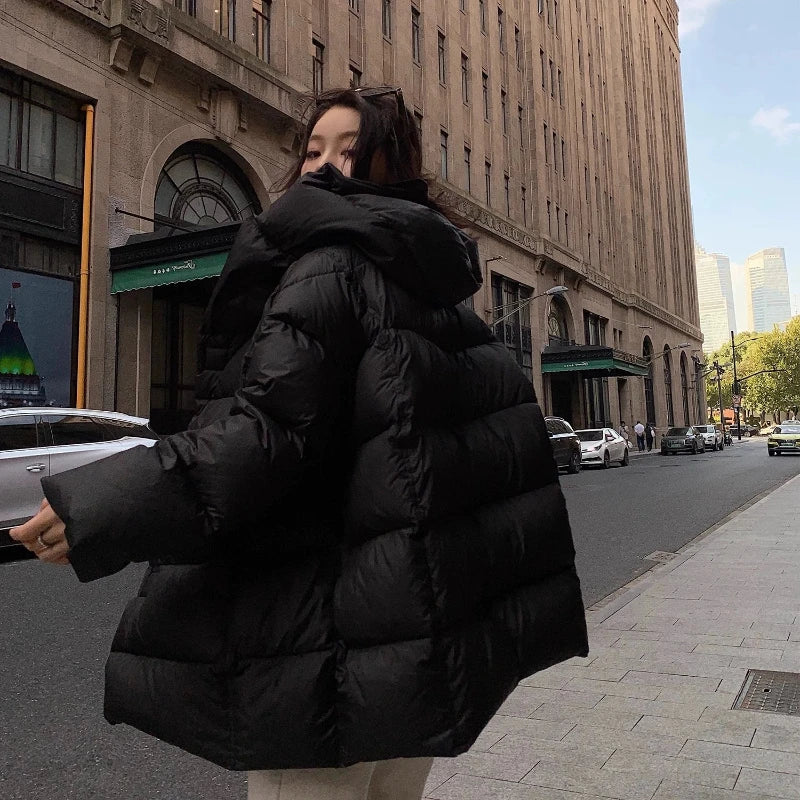 Mid-length Coats for Women, Loose Hooded Outerwear, Feather Coats, Casual and Simple, Korean Fashion, Winter, 2024