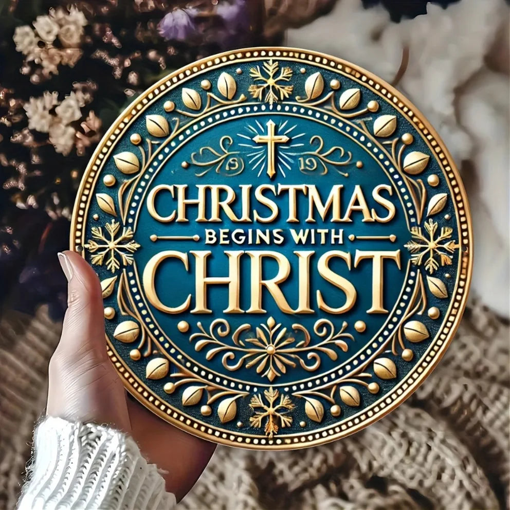 Christmas Begins with CHRIST' - Blue Christmas Sign - Metal Round Sign - For Home, Bar, Cafe, Restaurant Decor