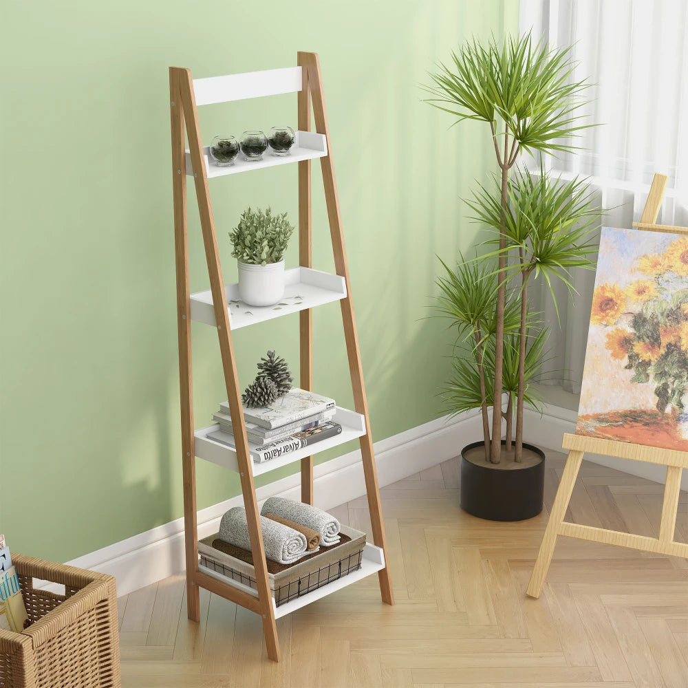 Solid Bamboo Wood Oxford “A”frame Ladder Display Bookshelf Warehouse Supermarket Kitchen Shelves Living Walnut 4 Tier Bookshelf