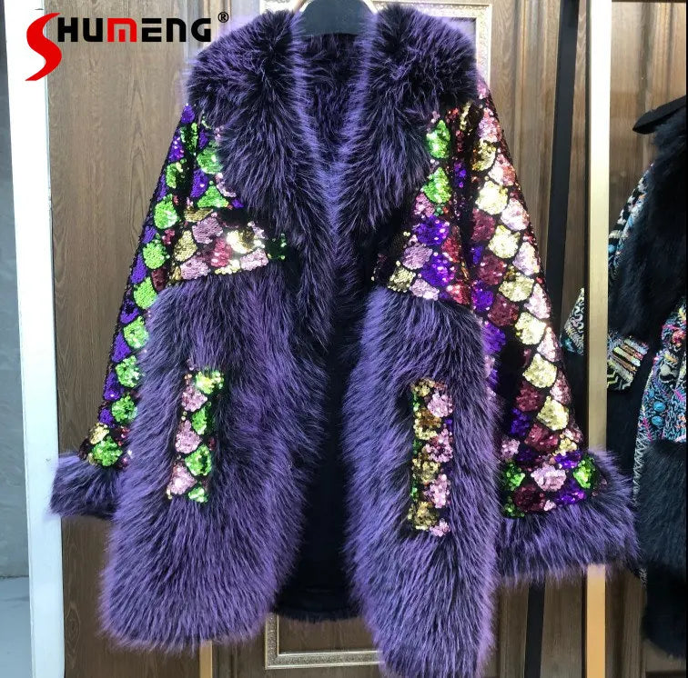 Fur Coat 2023 Winter Fashion Luxury Long Sleeve Toka Colorful Sequin Warm Fur Coat Jacket Oversized Thickened Coat Women
