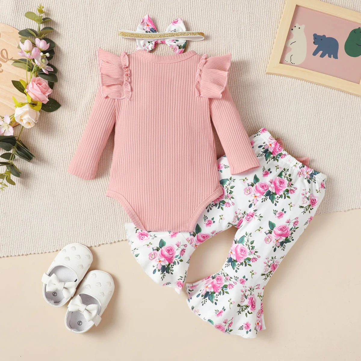 Winter  0-1  Years  Old  Infnat  Baby  Boys Long Sleeved Striped Letter Embroidered Top  And  Printed  Pants   Three-Piece Set