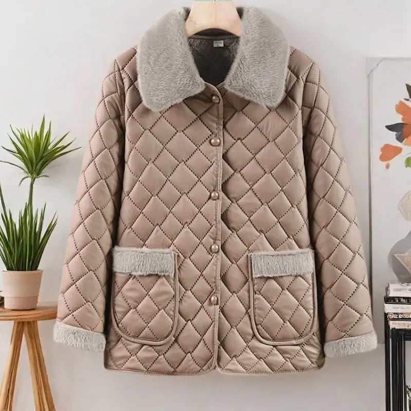 Female Winter Clothes Mother's Clothes With Added Velvet For Warmth Coat Fashionable New Short Ribbed Thickened Jacket Autumn