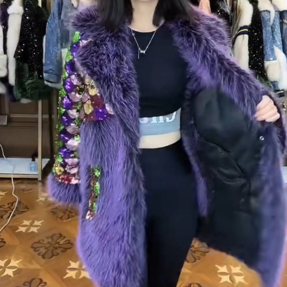 Fur Coat 2023 Winter Fashion Luxury Long Sleeve Toka Colorful Sequin Warm Fur Coat Jacket Oversized Thickened Coat Women