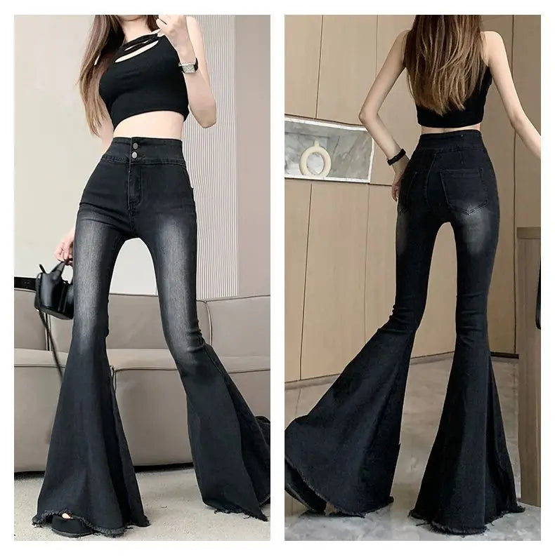 Jeans Women Autumn Chic Daily Flare Trousers Gradient Color High Street Full Length Fashion All-match Temperament Simple Shinny