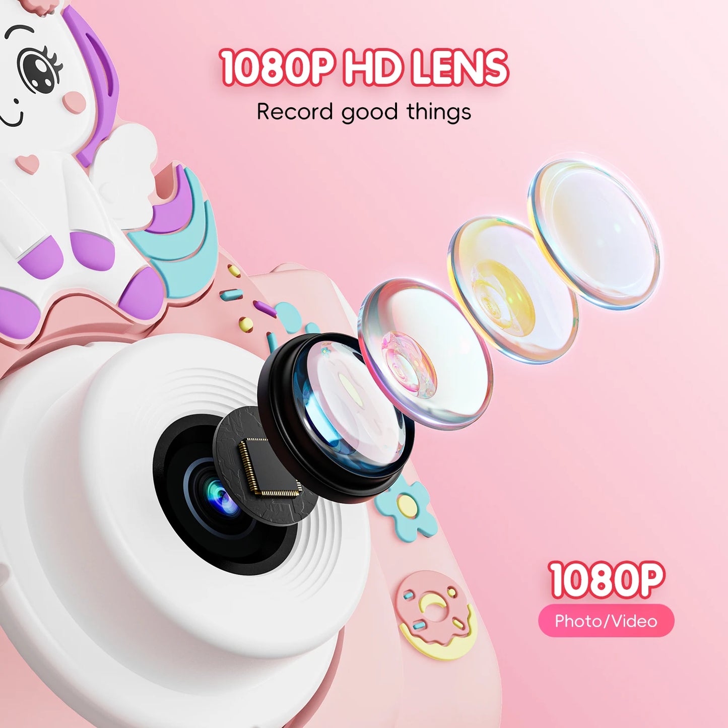 Kids Camera Toys 2-Inch IPS Screen Digital Cameras Photography Selfie With 32GB Card Educational Game for Girl Boy Birthday Gift