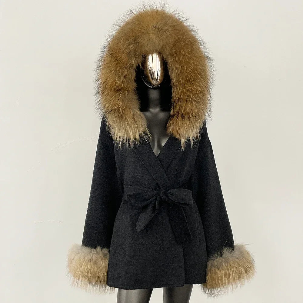 Real Fur Wool Coat Women Clothing Hooded Autumn Winter Commute Fur Coat 2025 Fashion Clothes Lady Raccoon Fur Woolen Jacket