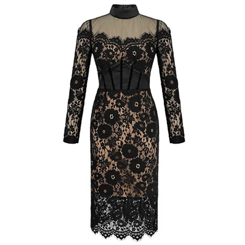 Fashion Ladies Black Lace Evening Dresses Women Clothing Elegant Chic Sexy Long Sleeve Slim Party Club Prom Dress Mujer Vestidos