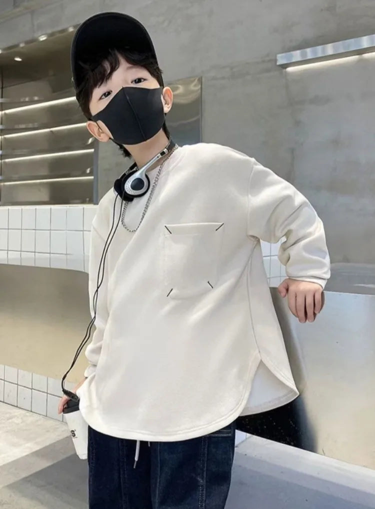 Sweatshirt Boys' Long Sleeve T-Shirt Spring 2025 New Solid Color Simple Stylish Casual Big Kids Top for 6-8 Years Old