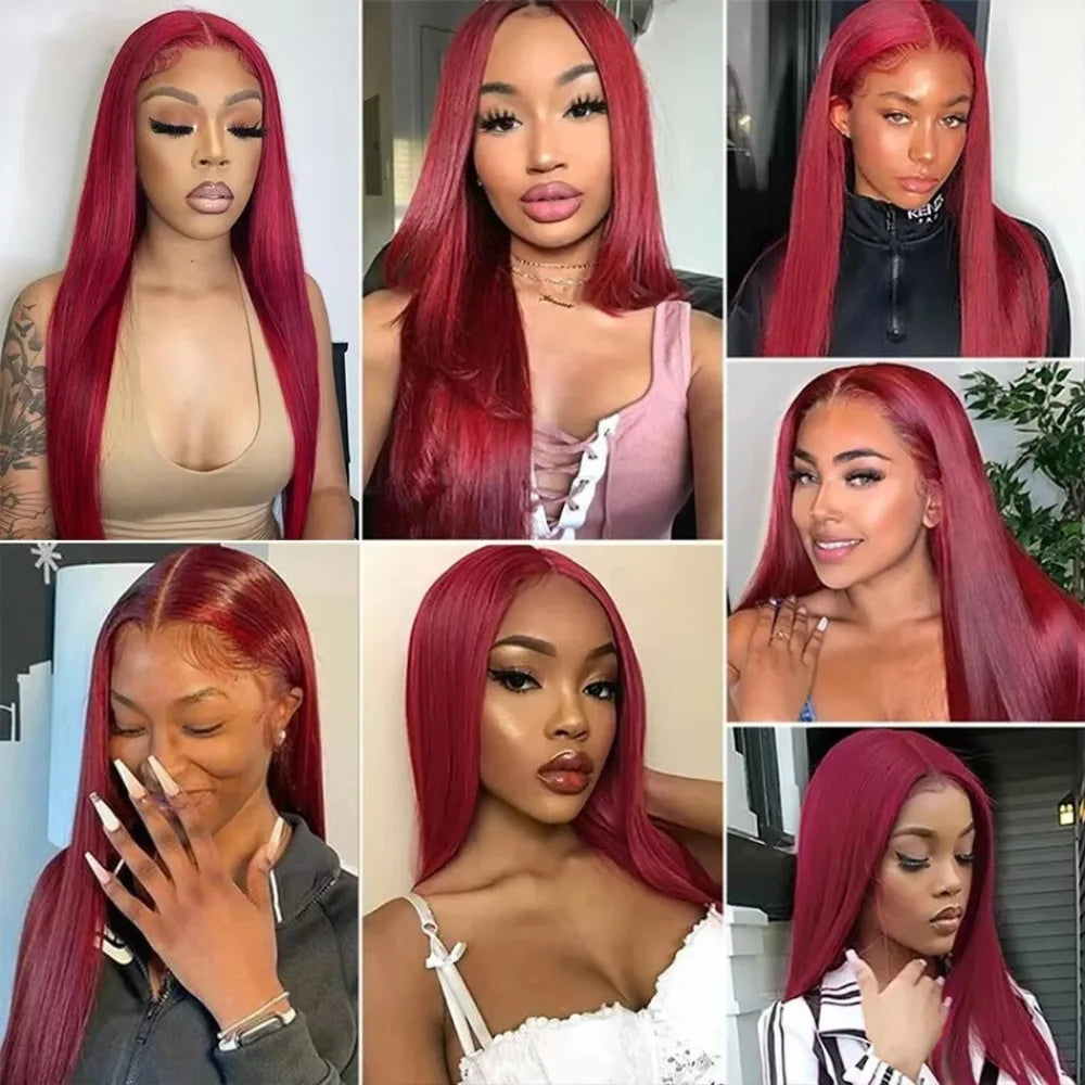 Straight Burgundy 99j Color Wig 180 Density Transparent Lace Frontal Human Hair Wig 13x6 Lace Frontal Human Wigs For Women