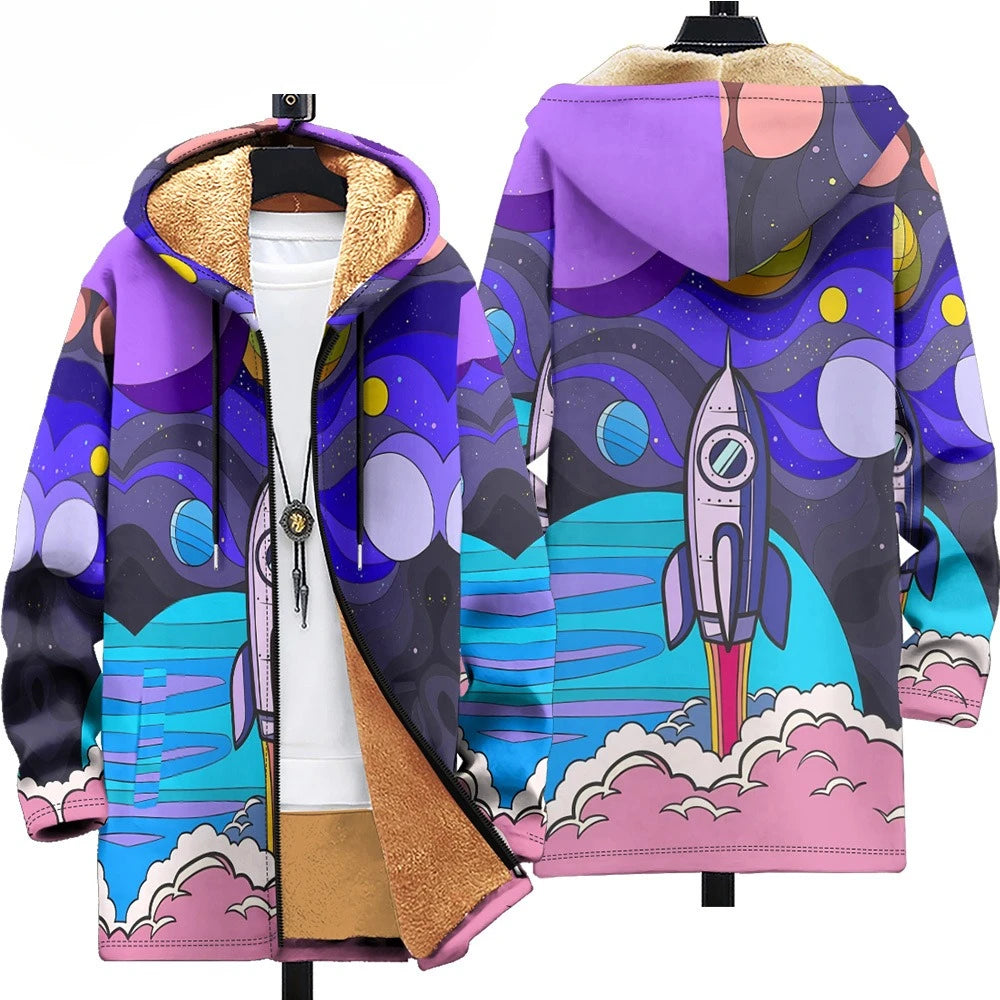 Men Cardigans Coats Black White Texture Printed Plush Thick Winter Abstract Art Graphics Jackets Casual Streetwear Clothing