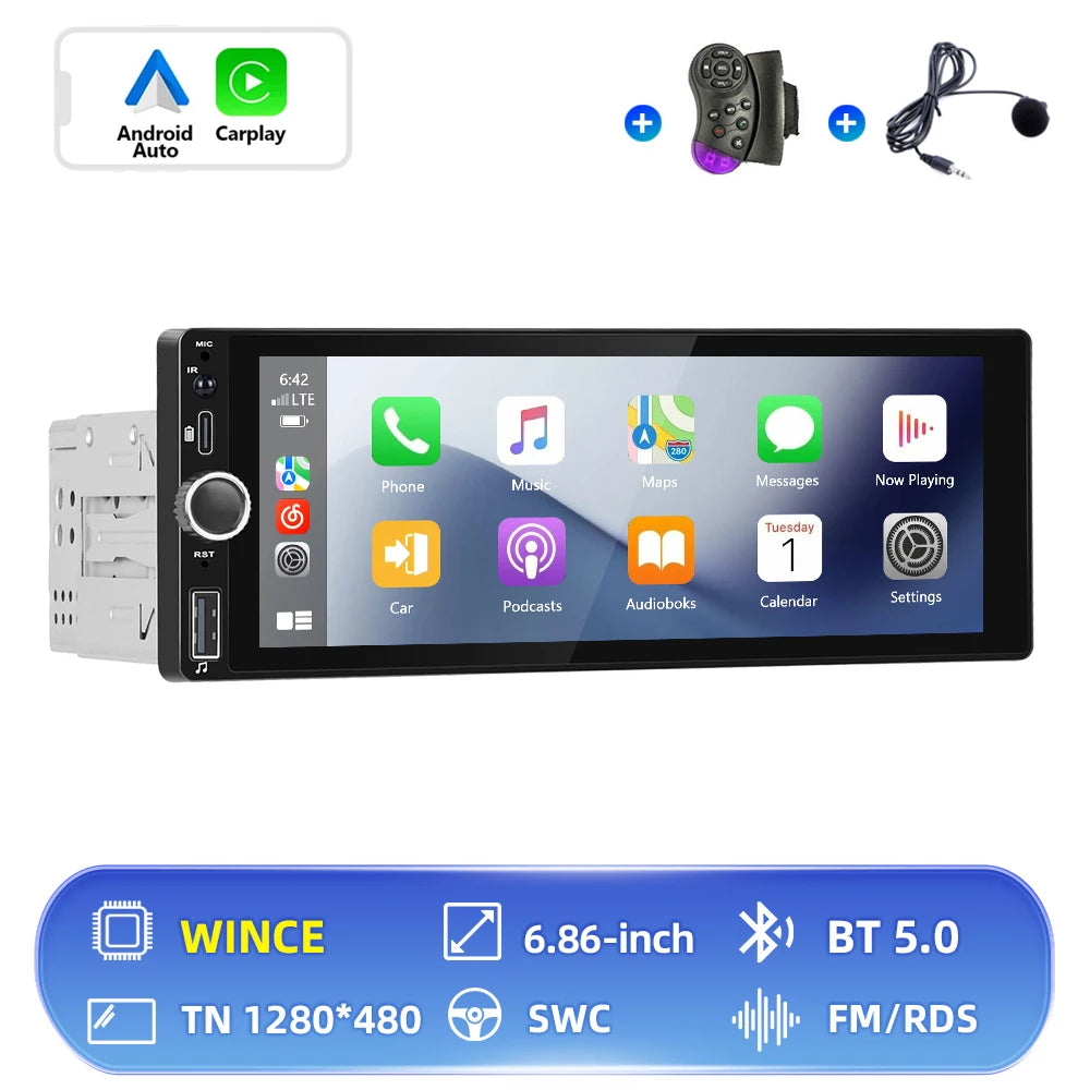Hikity 2+64G Carplay Android 1din Car Radio Android Auto Stereo 6.86" GPS Navigation Player support FM WiFi USB Rear Camera