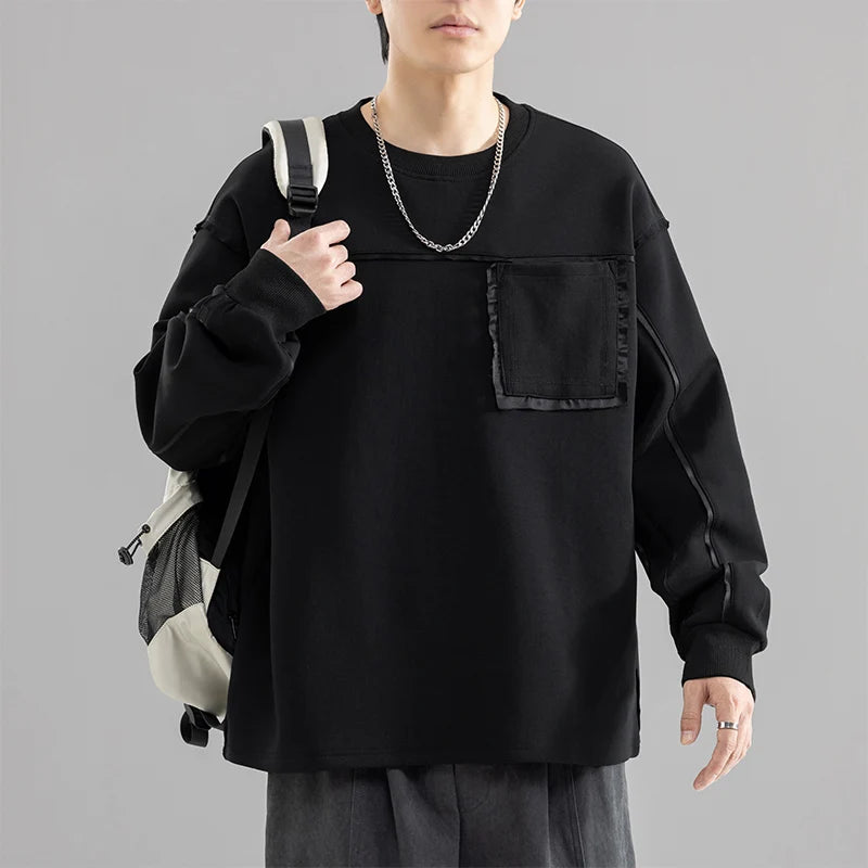 Sweatshirt Male Street Wear  Clothes American Casual Decorative Stitch Round Neck Long Sleeve Unisex Couple Autumn Fashion Top
