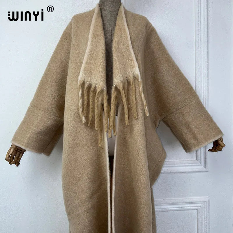 WINYI new Winter Women Solid color Luxury Fur Neutral coat Loose cardigan elegant Warm Female coat over poncho tassels jacket