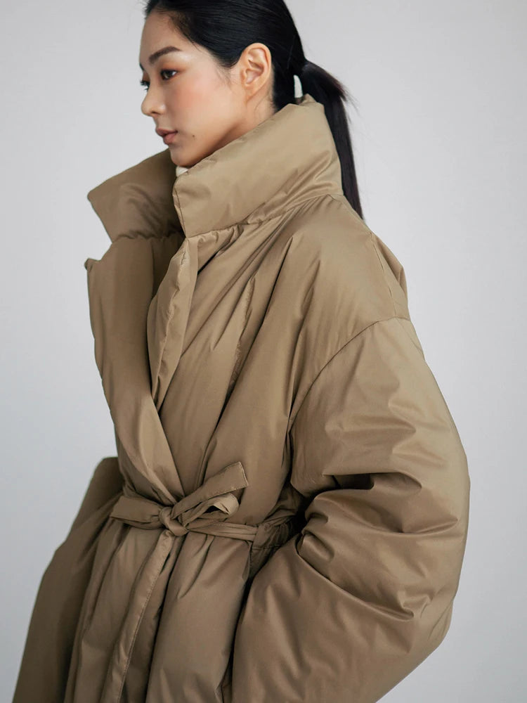 Winter New Stand Collar Long Down Jackets Loose Belt Long Sleeve Warm Coat Fashion Solid Cotton Padded Warm Down Overcoat Women
