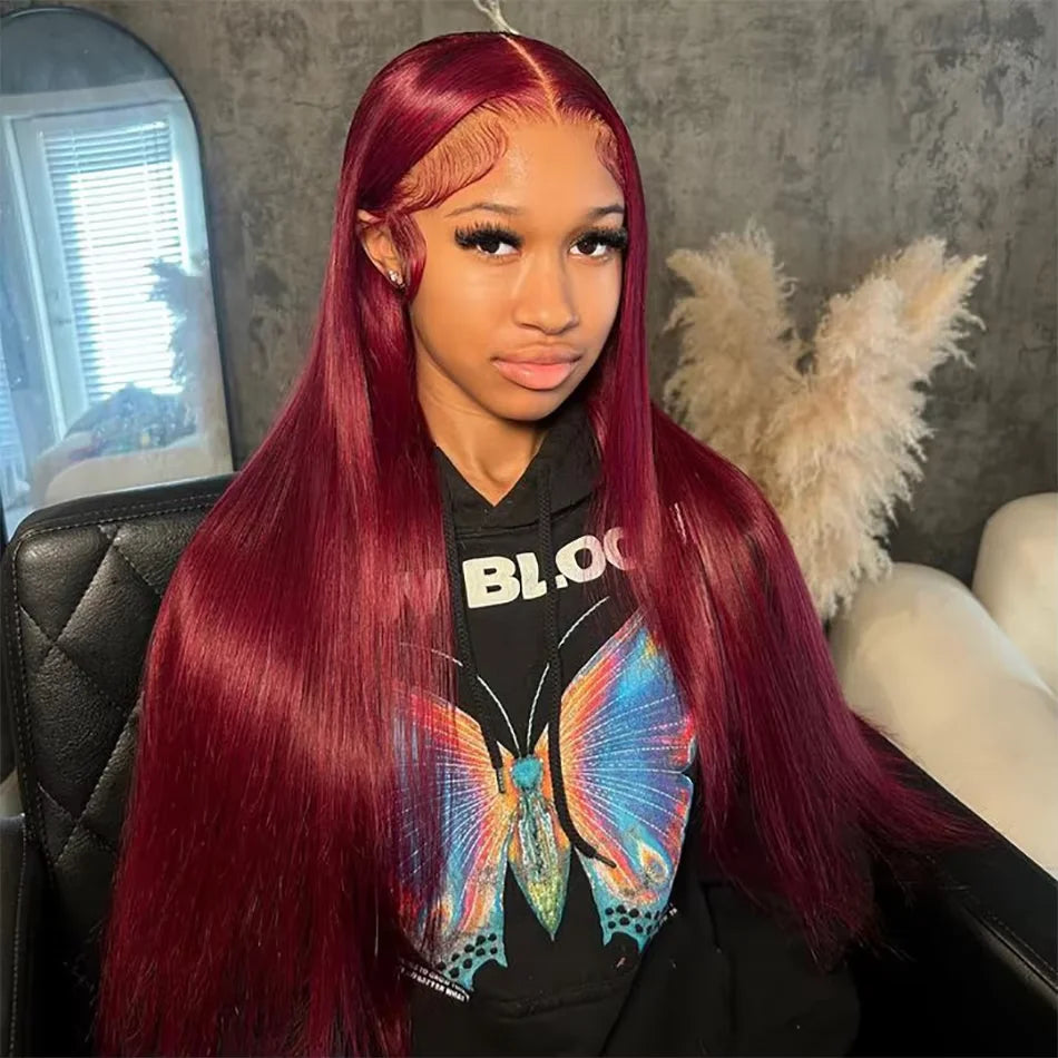 Straight Burgundy 99j Color Wig 180 Density Transparent Lace Frontal Human Hair Wig 13x6 Lace Frontal Human Wigs For Women