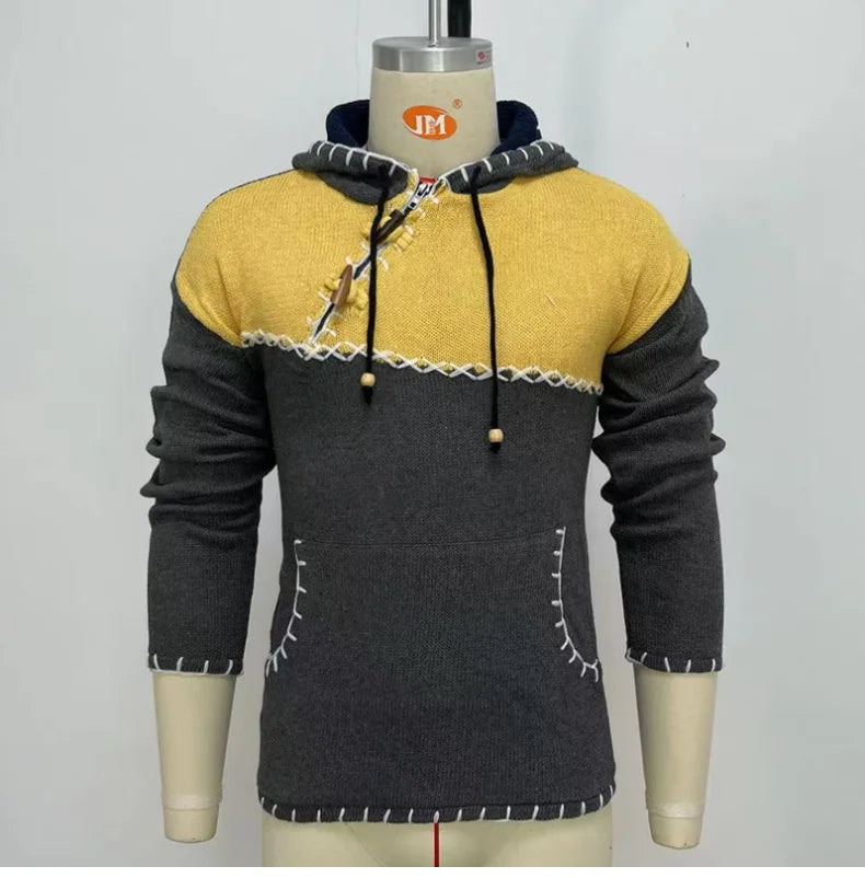 Pullovers Men Sweatshirts Sweaters Pockets Casual Loose Splice Hooded Knitted Drawstring Regular Thick Tops Autumn Winter
