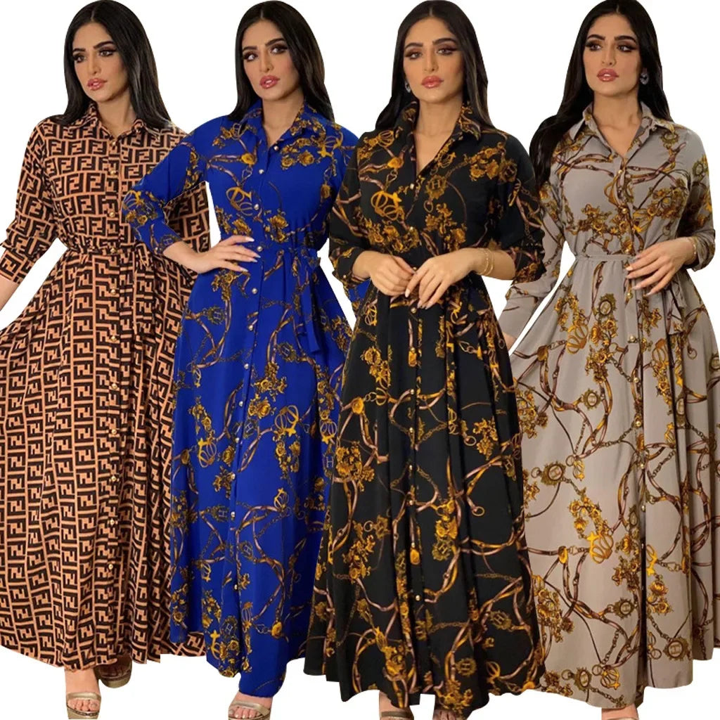 Women's Fashion  New Sexy Elegant Dress Temperament Digital Printing  Long Shirt Dress Women's Elegant Commuter Casual Dress