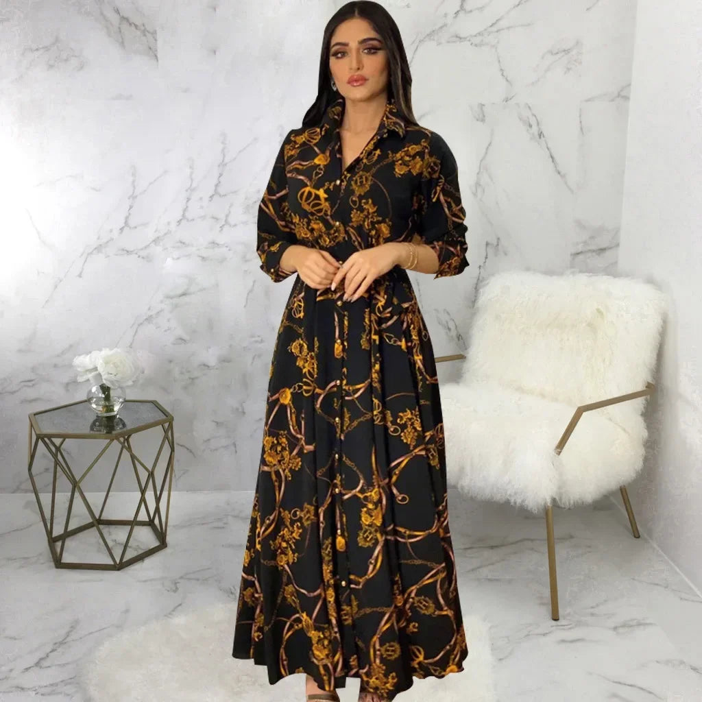 Women's Fashion  New Sexy Elegant Dress Temperament Digital Printing Long Shirt Dress Ladies Elegant Commuter Casual Dress