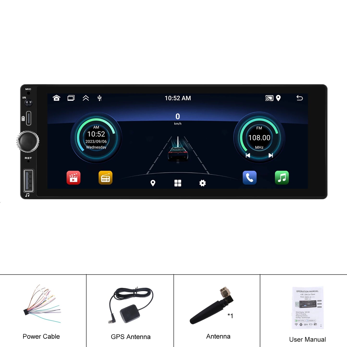 Hikity 2+64G Carplay Android 1din Car Radio Android Auto Stereo 6.86" GPS Navigation Player support FM WiFi USB Rear Camera