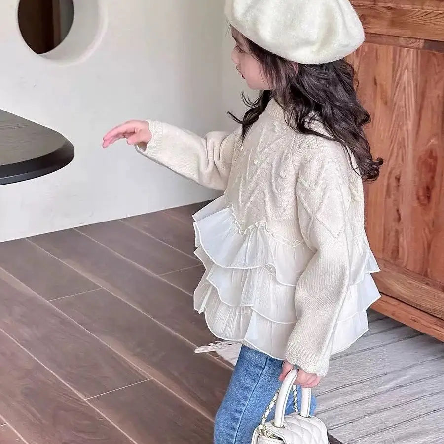 Sweaters Girls Sweater with Trendy Spring Autumn Korean Style Beautiful Lace White Top for Little Girls Princess Style 2025