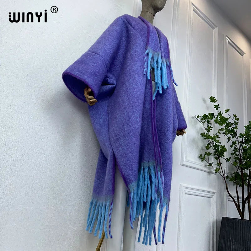 WINYI new Winter Women Solid color Luxury Fur Neutral coat Loose cardigan elegant Warm Female coat over poncho tassels jacket