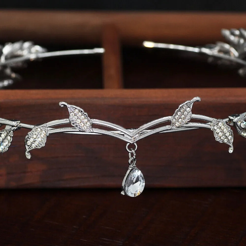 Rhinestone Leaf Wedding Tiara Headband for Brides, Silver Crown Headband for Pageants Wedding Prom Birthday