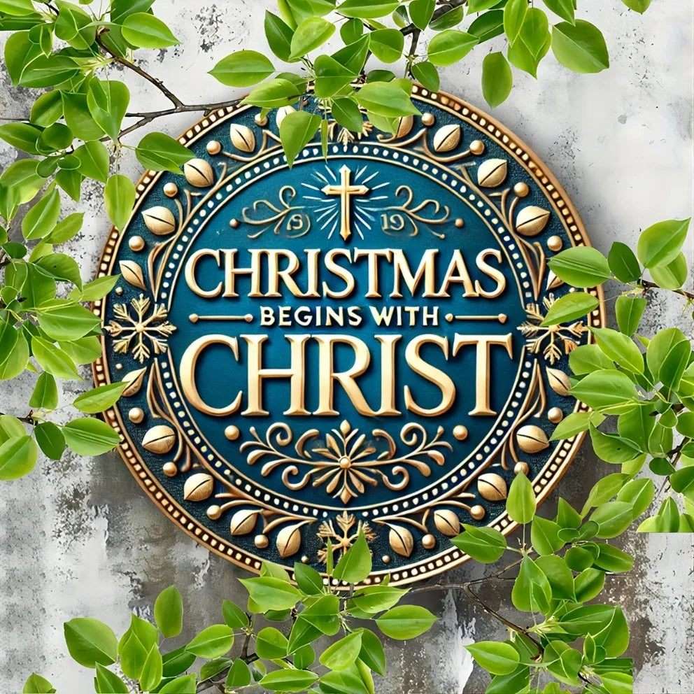 Christmas Begins with CHRIST' - Blue Christmas Sign - Metal Round Sign - For Home, Bar, Cafe, Restaurant Decor