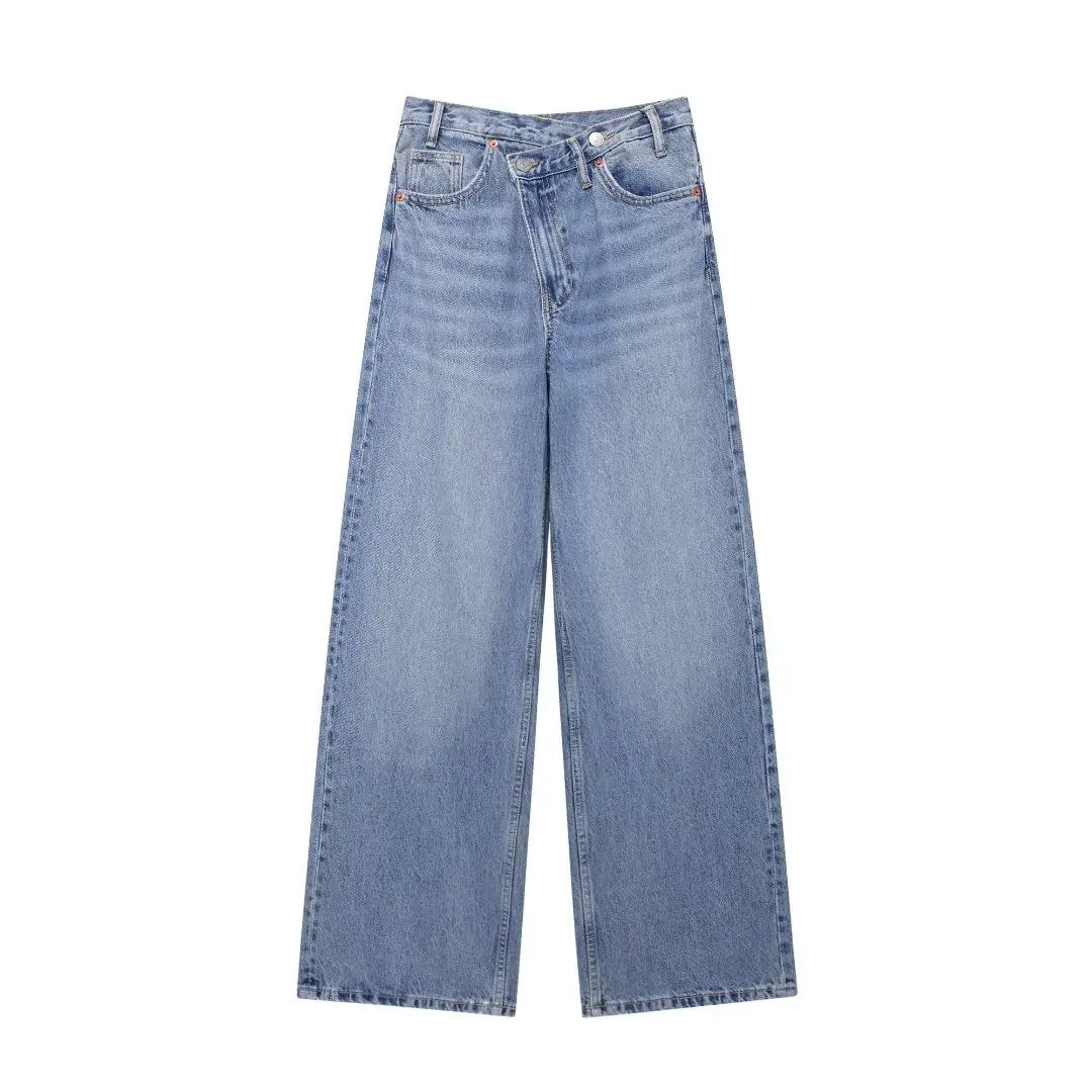 Jeans For Woman New Fashion Asymmetric Design High Waist Wide Leg Trousers Casual Women's Straight Leg Jeans