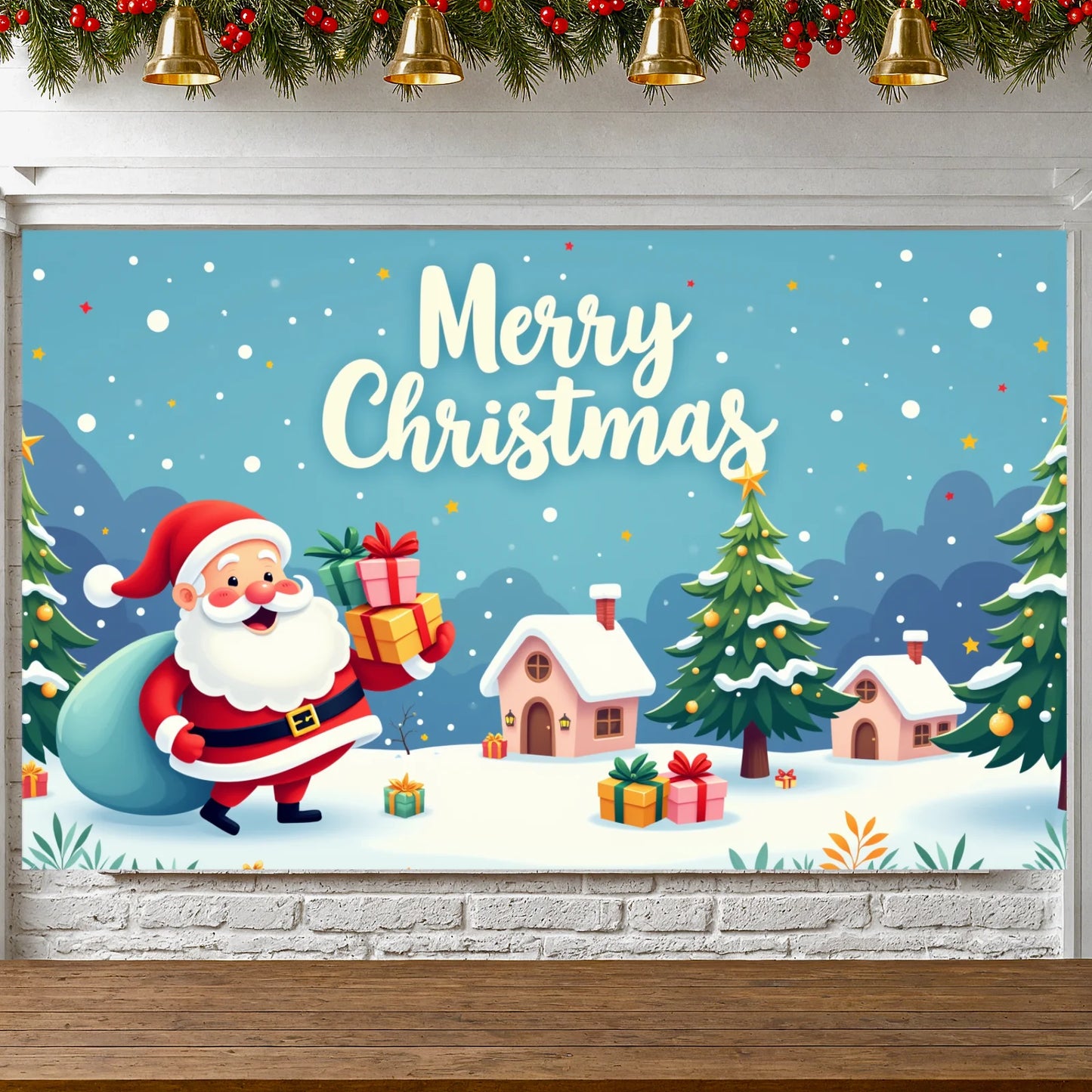 Merry Christmas Santa Decoration Festive Banner Polyester Snowy Scene Winter Holiday for Christmas Party Decor Seasonal Celebrat