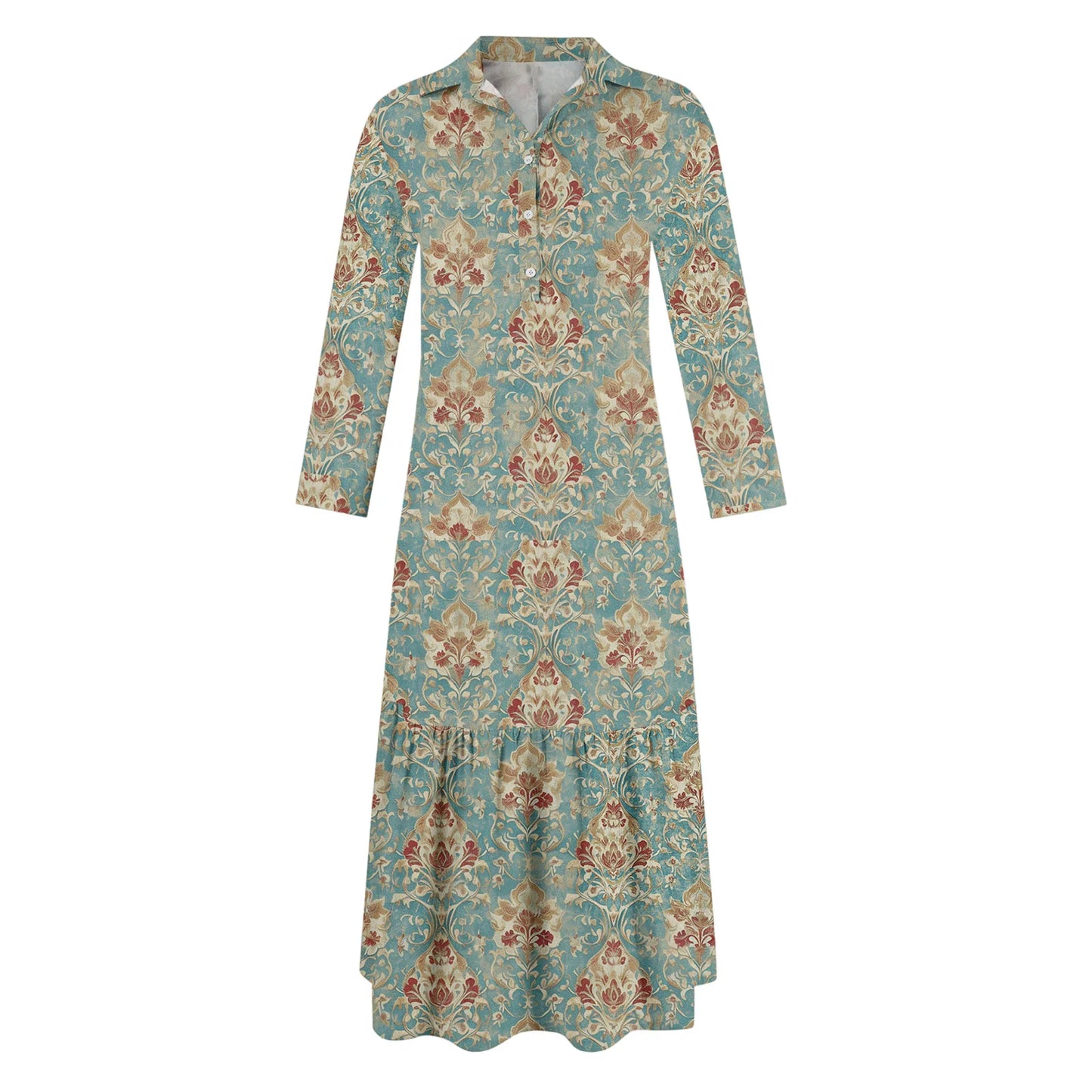 Ladies' Fashionable Temperament Autumn And Winter Button Lapel Long Sleeved Retro Printed Spring And Autumn Dress