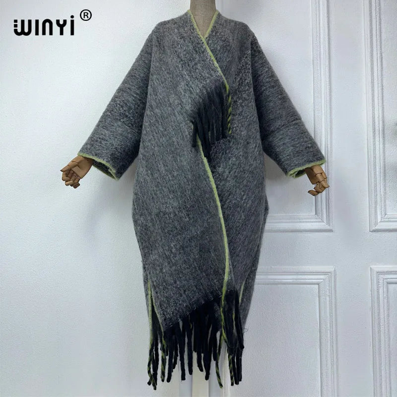 WINYI new Winter Women Solid color Luxury Fur Neutral coat Loose cardigan elegant Warm Female coat over poncho tassels jacket