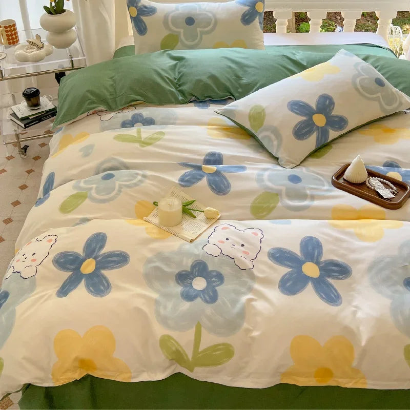Kawaii Bear Printed Bed Set Floral Duvet Cover Pillowcase Bedding Set Cute Dog Bed Linen Sheet Quilt Cover Full Queen King Size